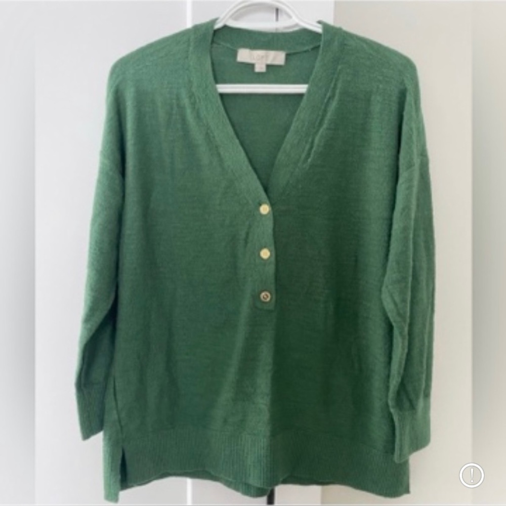 LOFT Forest Green V-Neck Button Pullover